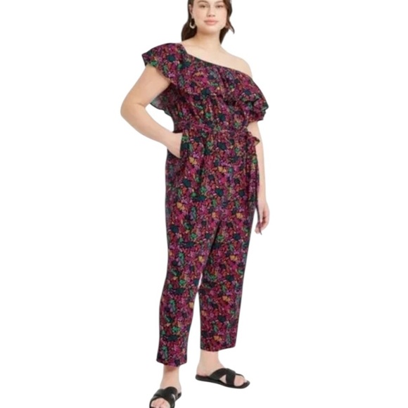 Ava & Viv Linen Bright Floral Print Ruffle Off Shoulder Neckline Belted Jumpsuit - Picture 2 of 14